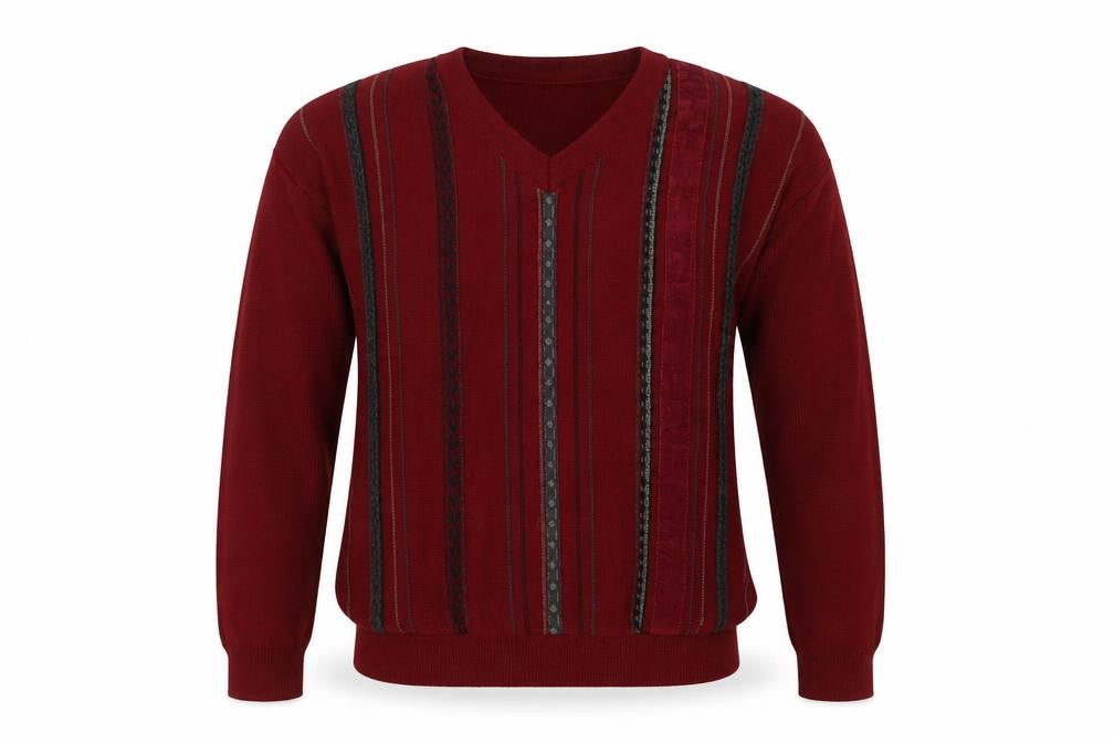 Front view of Oliver Harding men’s red striped jumper, size M