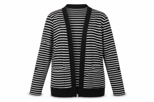 Front view of Papaya women’s black striped jacket, size UK 8