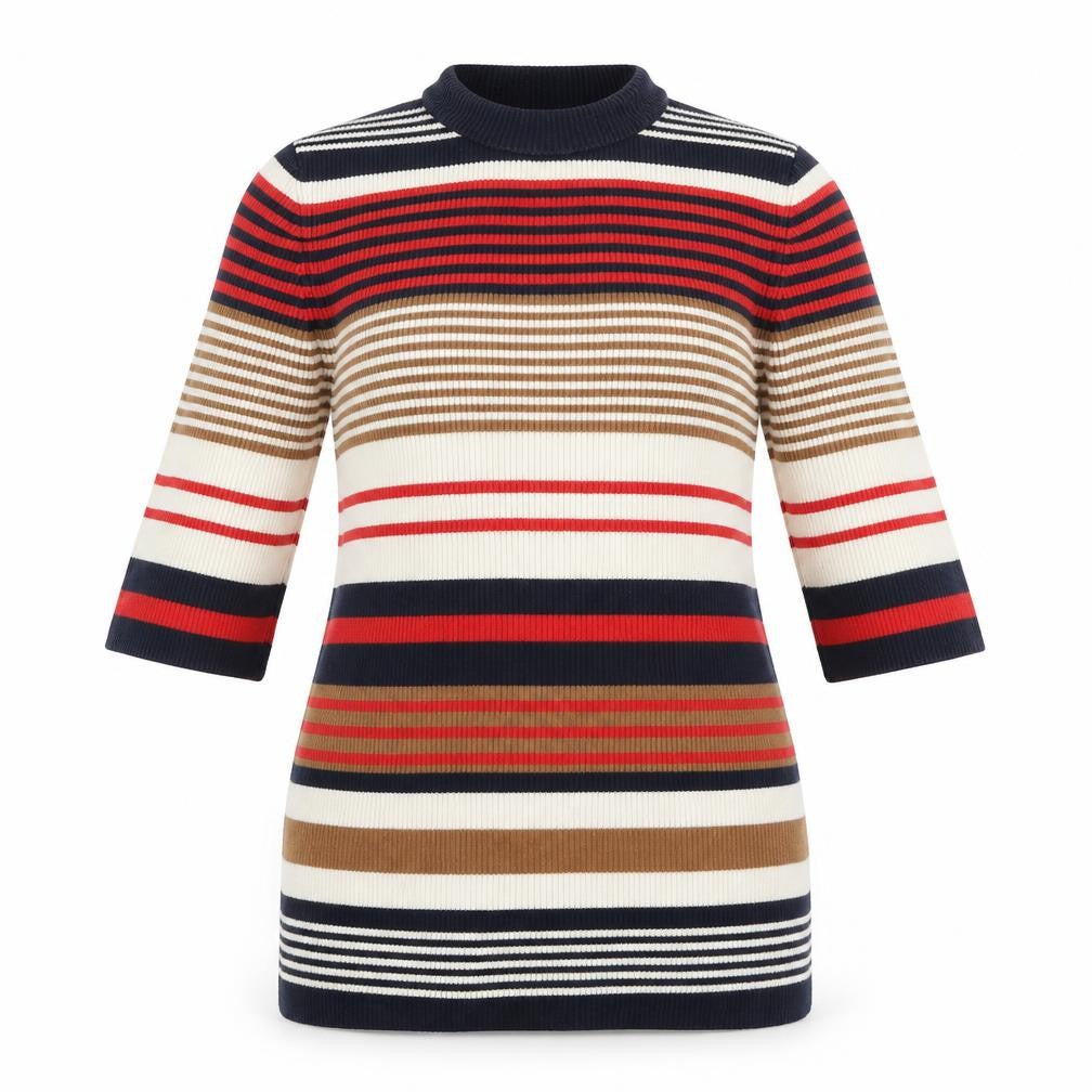 Front view of Miss Selfridge women’s multicoloured striped jumper, size UK 12