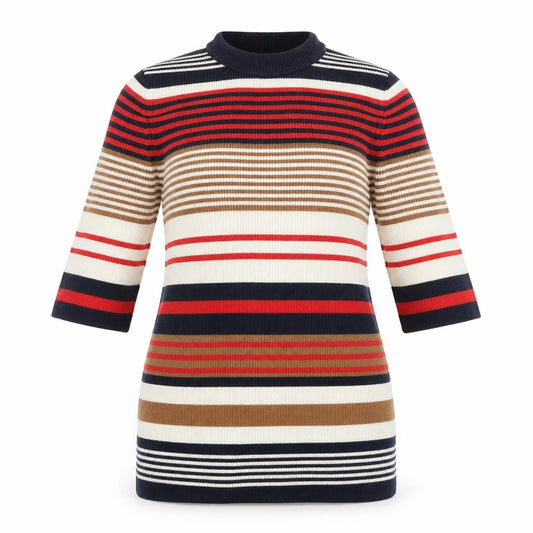 Front view of Miss Selfridge women’s multicoloured striped jumper, size UK 12