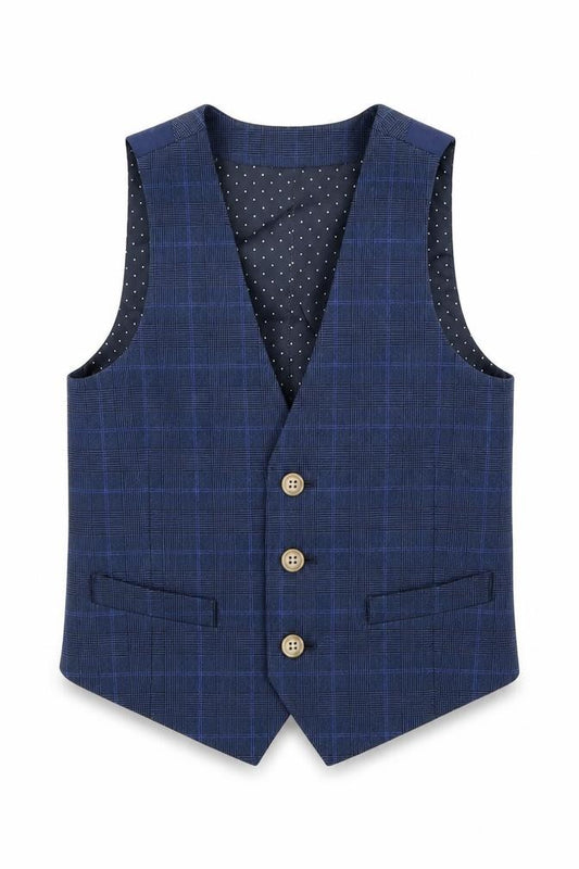 Front view of Albion boys’ blue jacket waistcoat, size 6, years