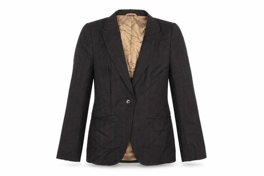 Front view of Nrxt women’s brown striped jacket blazer, size UK 12