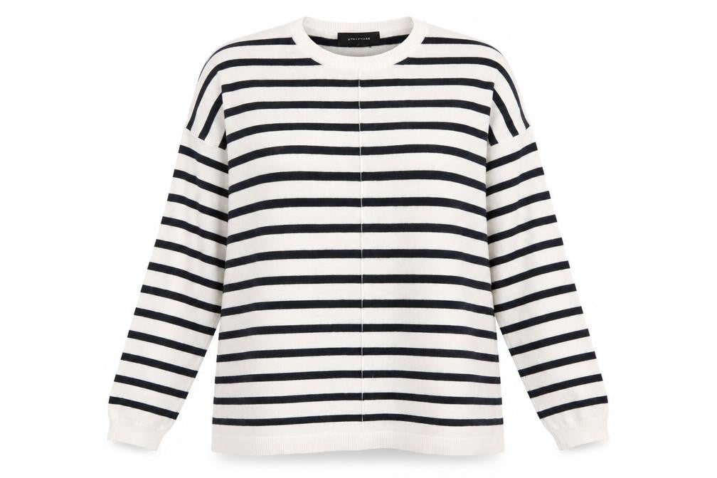 Front view of Atmosphere women’s blue striped jumper, size UK 12