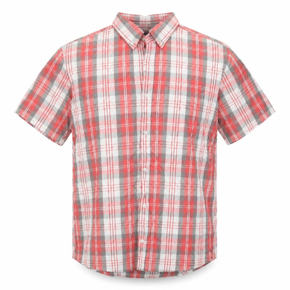 Front view of Real Clothing men’s red check button-up, size M
