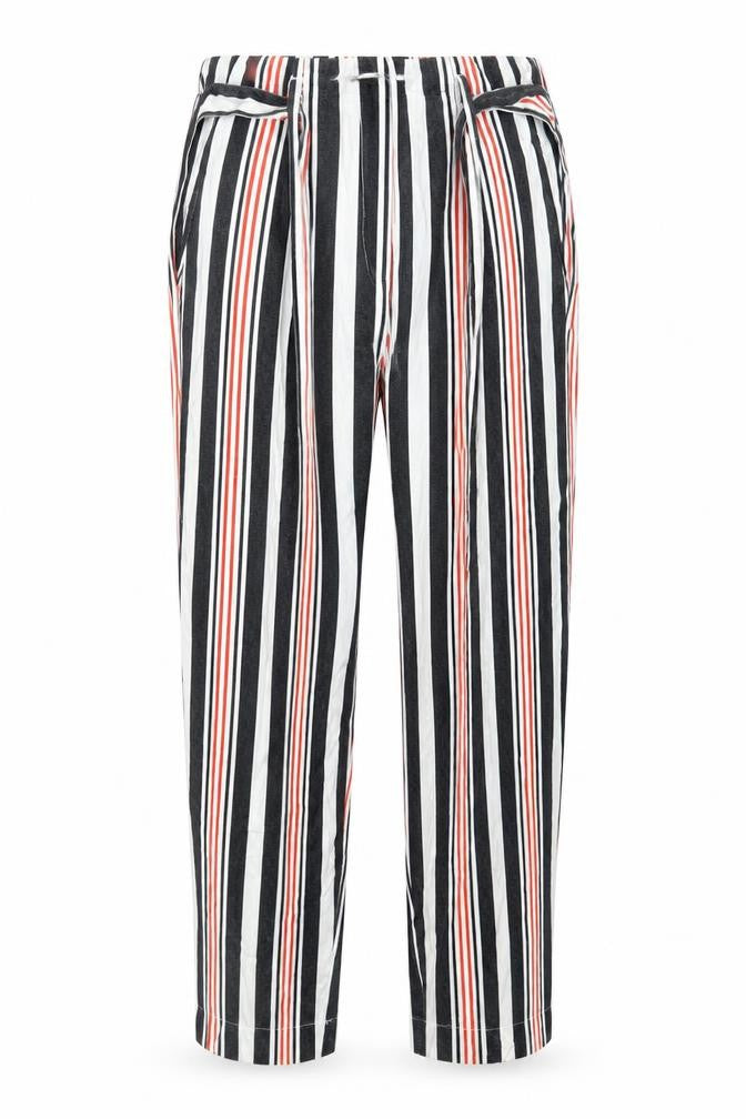 Front view of River Island women’s black striped trousers, size UK 8, 22-inch leg