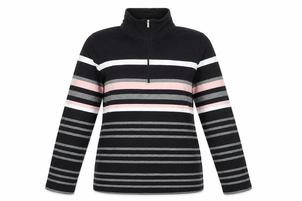 Front view of Croft & Barrow women’s black striped jersey pullover sweatshirt, size M