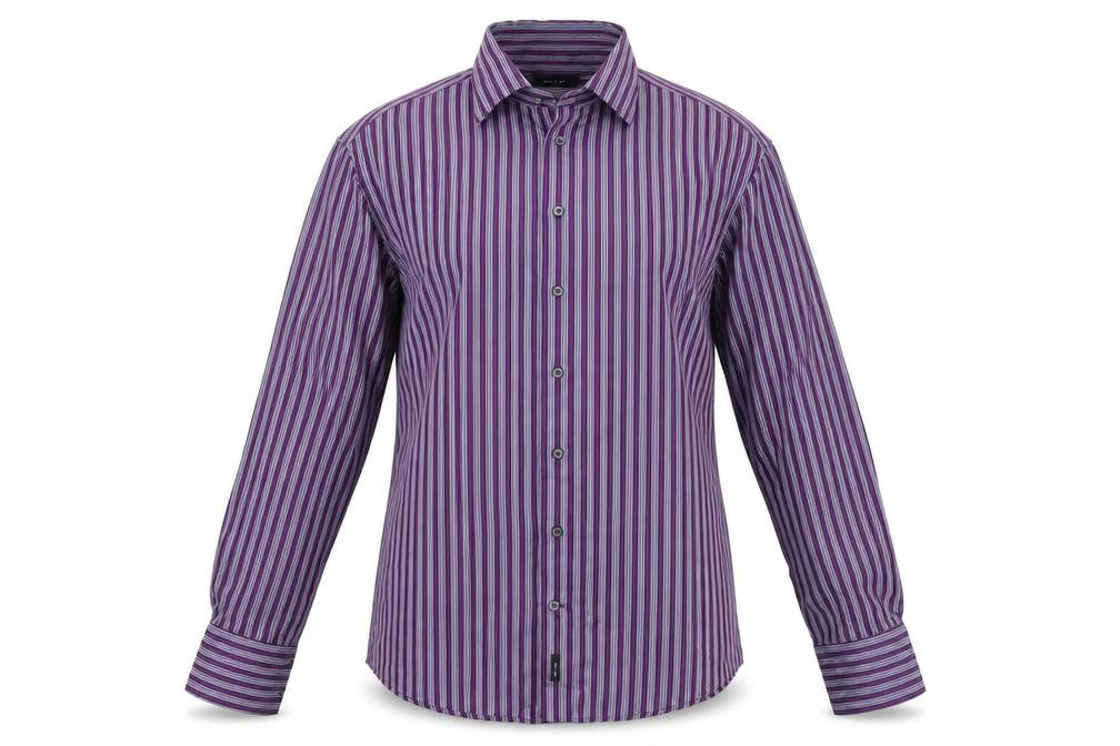 Front view of Sand women’s purple striped basic button-up, size M
