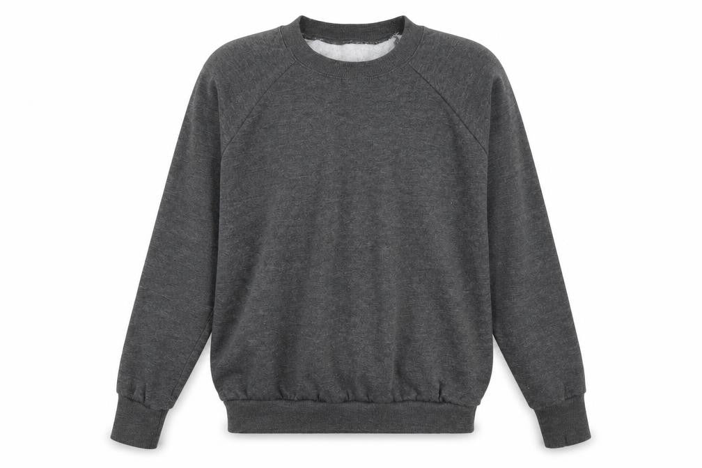Front view of men’s grey pullover sweatshirt, size S