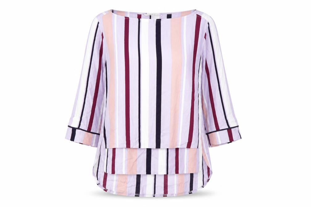 Front view of Next women’s purple striped basic blouse, size UK 6