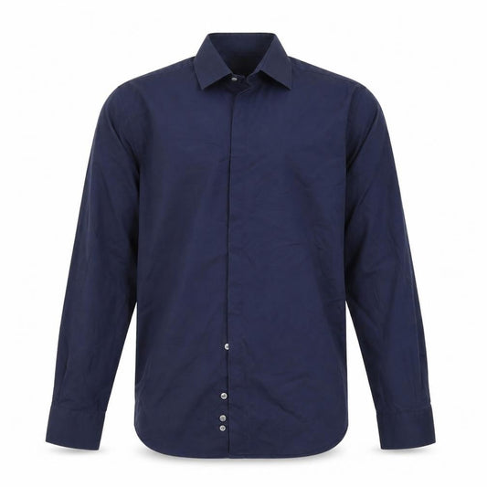Front view of Autograph men’s blue button-up, size 14.5