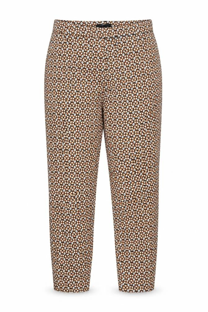 Front view of H&M women’s brown geometric trousers, size UK 28, in, 26-inch leg