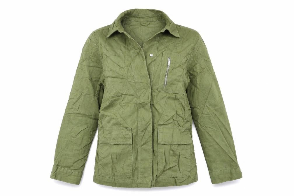 Front view of Primark women’s green denim jacket coat, size UK 6
