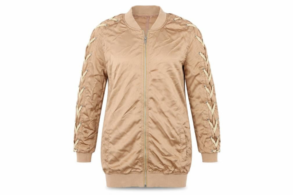 Front view of Missguided women’s brown bomber jacket jacket, size UK 8