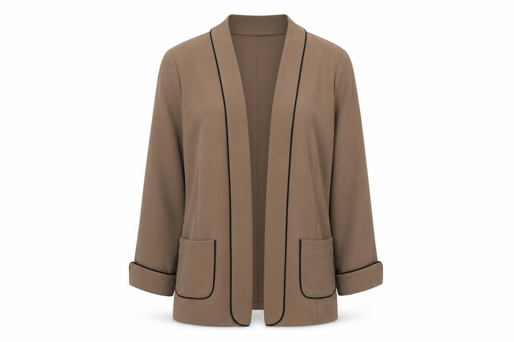 Front view of Warehouse women’s beige jacket blazer, size UK 6