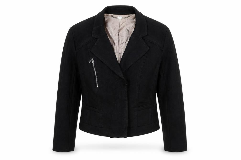 Front view of Preworn women’s black jacket blazer, size UK 36