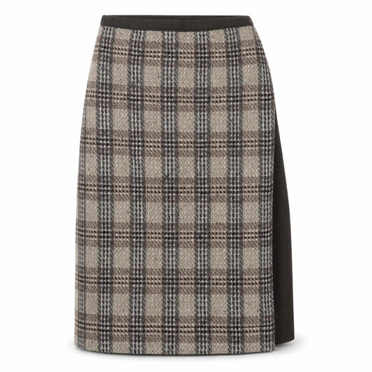 Front view of Preworn women’s brown check flare skirt, size UK 34
