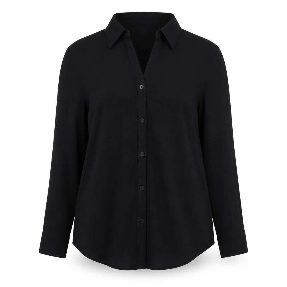 Front view of Dorothy Perkins women’s black basic button-up, size UK 12