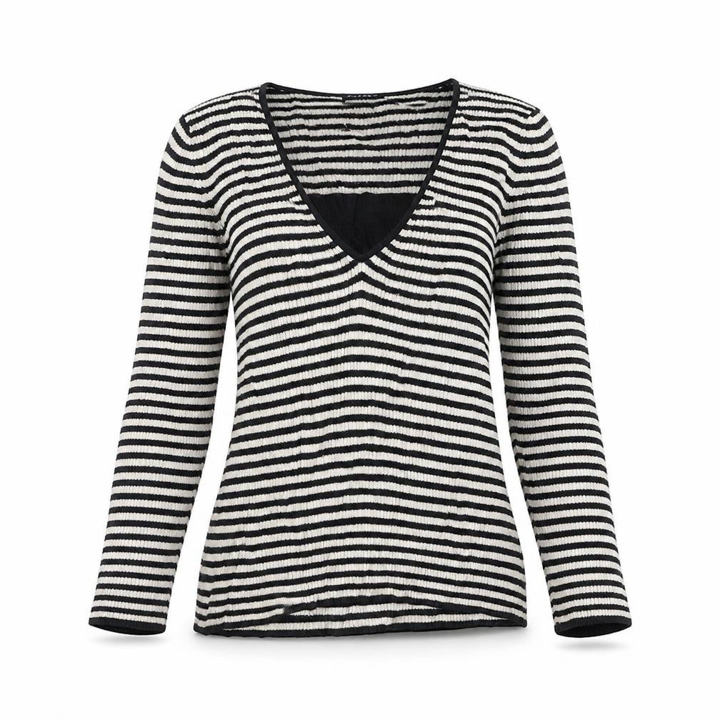 Front view of PLANET women’s black striped jumper, size XS