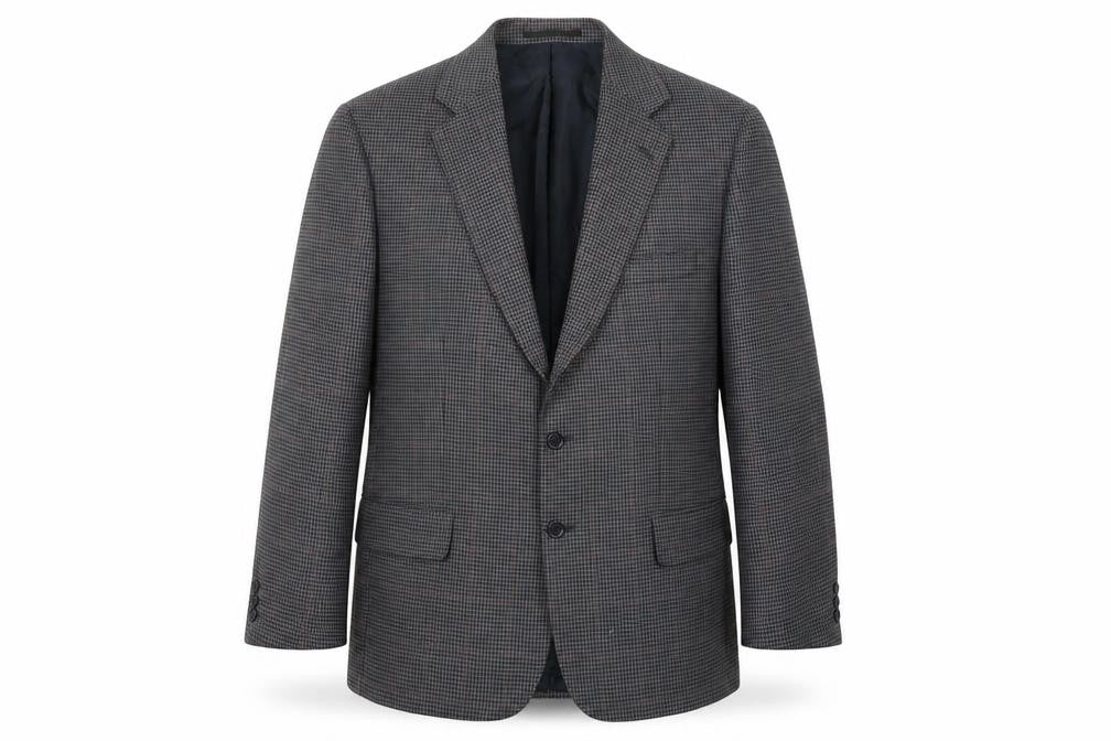 Front view of Preworn men’s grey check jacket blazer, size S