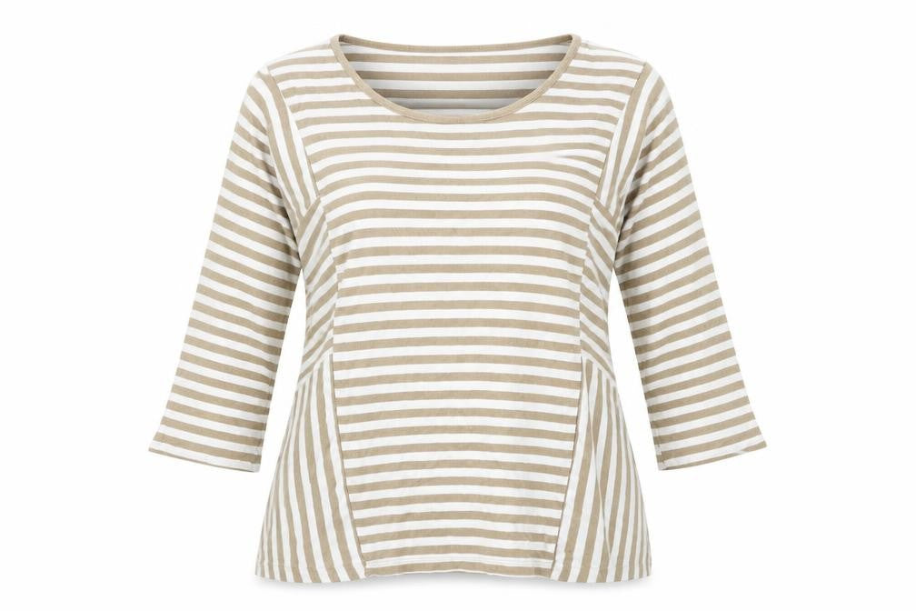 Front view of eypio women’s beige striped basic polo, size L