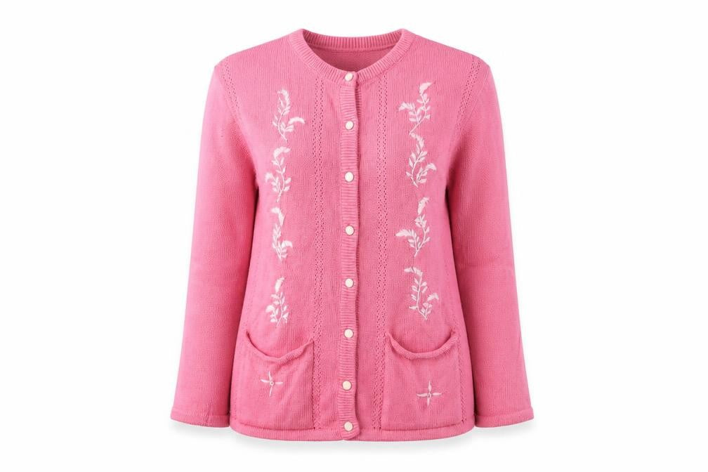 Front view of solution women’s pink cardigan jumper, size M