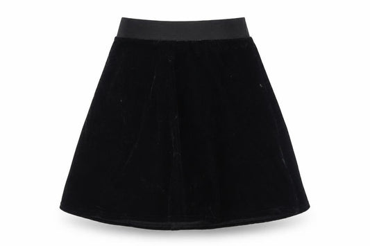 Front view of Preworn women’s black velour flare skirt, size UK 26, in