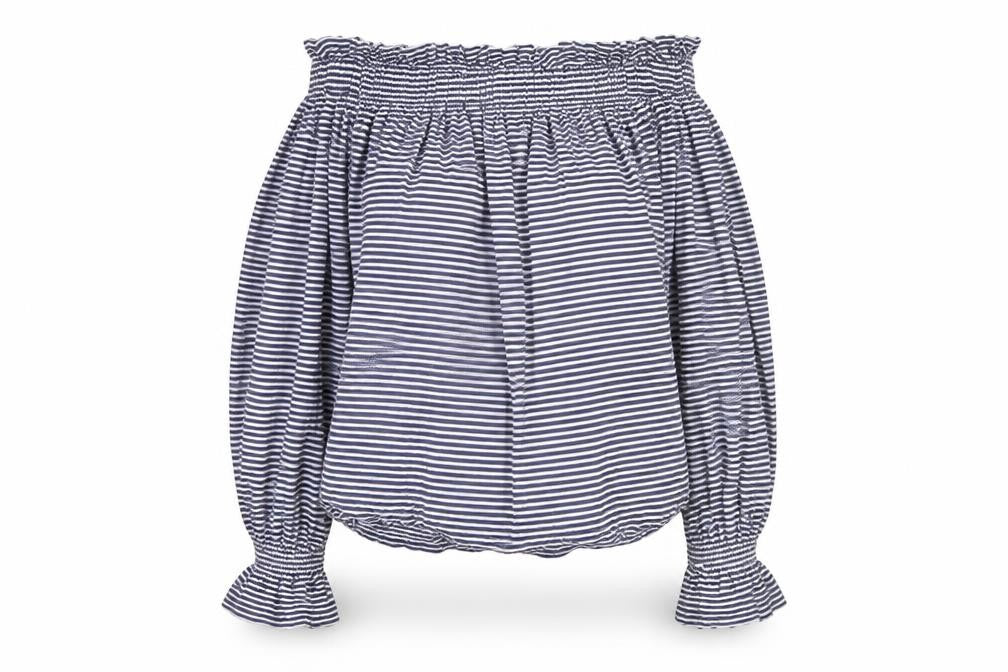 Front view of Atmosphere women’s blue striped basic blouse, size UK 14