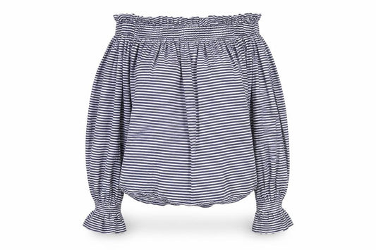 Front view of Atmosphere women’s blue striped basic blouse, size UK 14