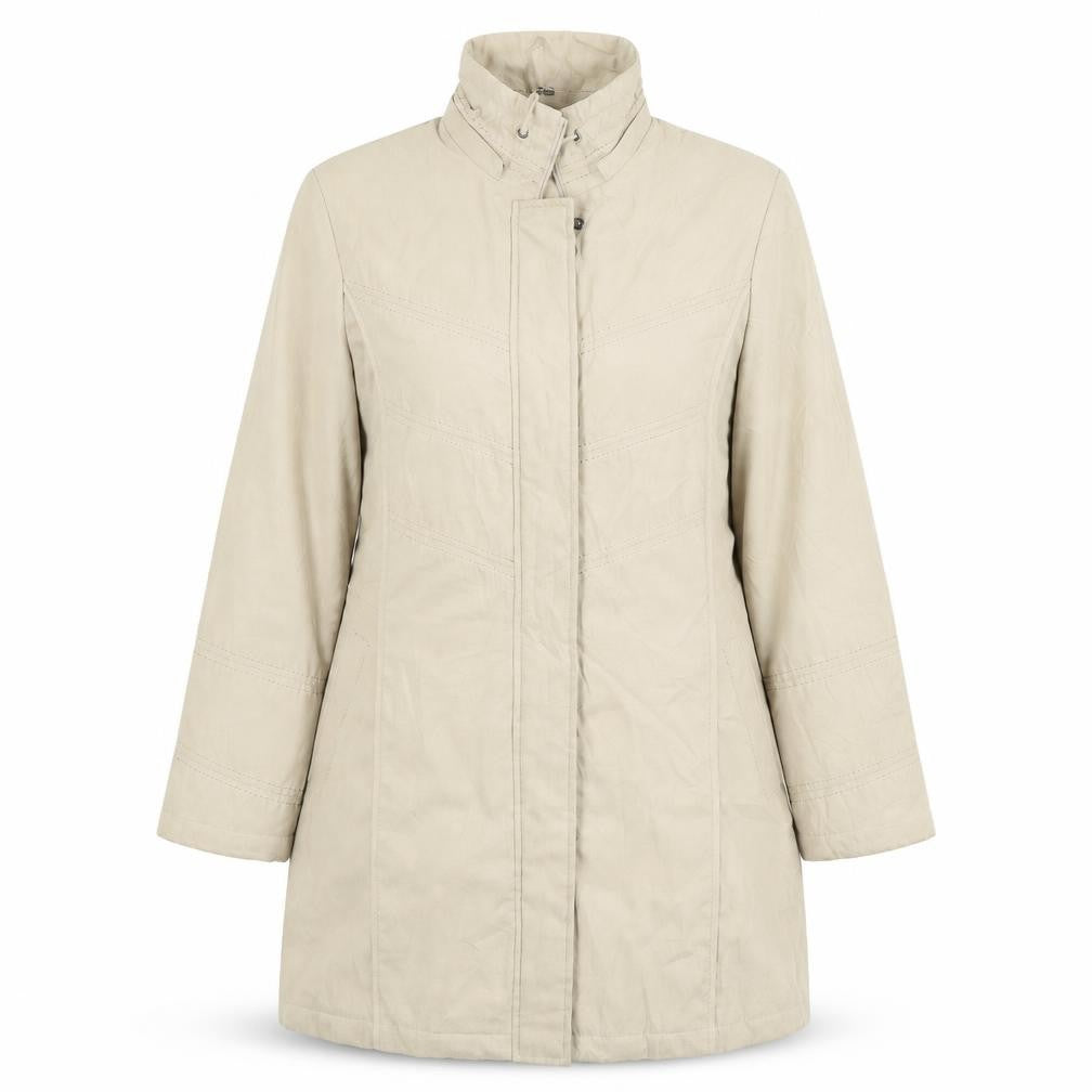 Front view of Klass women’s beige quilted coat, size S