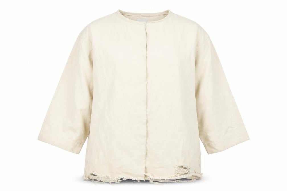 Front view of waven women’s white jacket, size M
