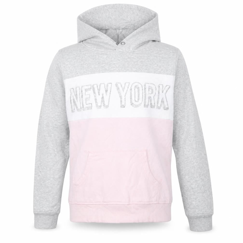 Front view of H&M girls’ grey pullover hoodie, size 13, years - new york