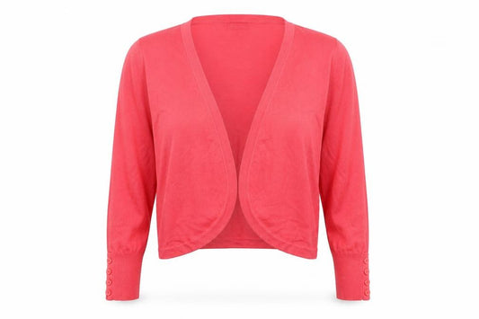 Front view of Debenhams women’s red shrug jumper, size UK 14