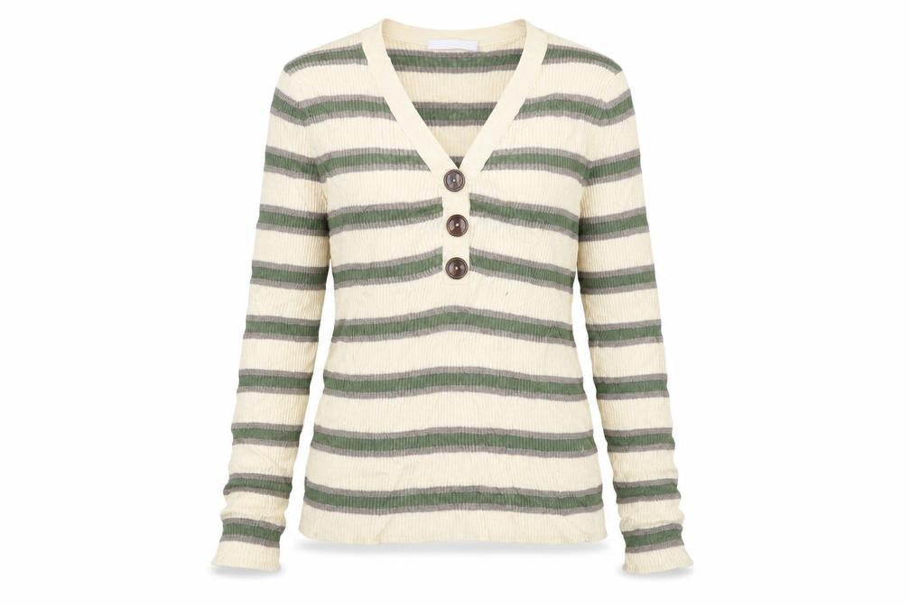 Front view of Per Una women’s white striped jumper, size UK 14