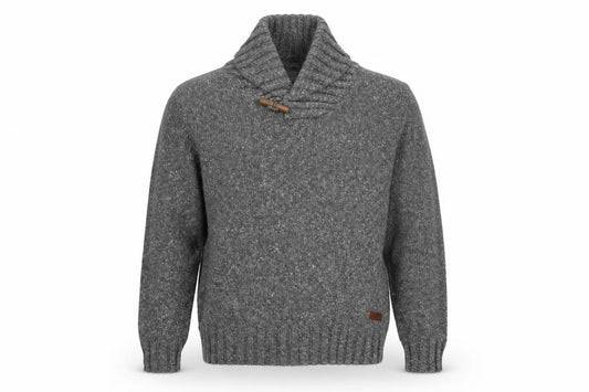 Front view of Spirit men’s grey knit jacket, size L