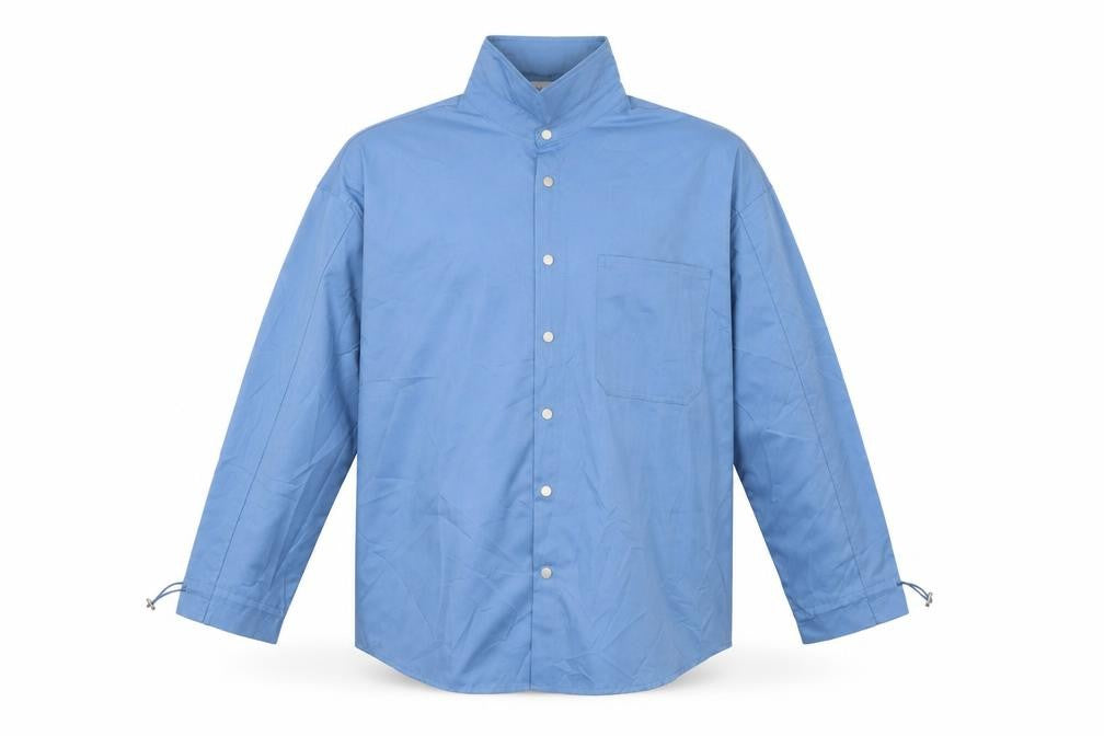 Front view of madeinwn men’s blue button-up, size L