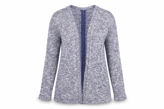 Front view of Red women’s blue knit cardigan jumper, size UK 8