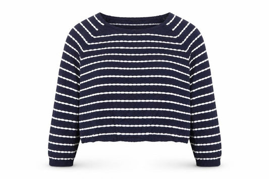 Front view of New Look women’s blue striped jumper, size UK 12