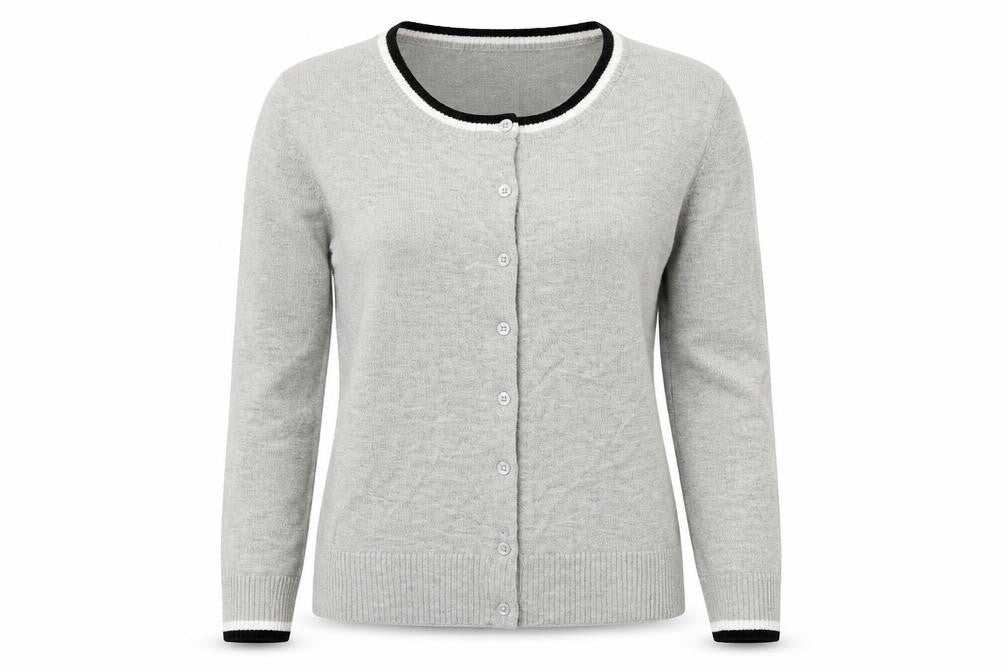 Front view of Gap women’s grey cardigan jumper, size UK 10
