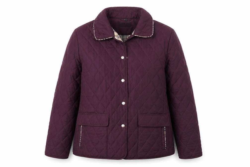 Front view of Preworn women’s purple jacket coat, size UK 14