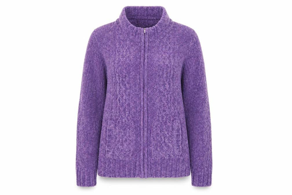 Front view of Bonmarché women’s purple full zip jumper, size M