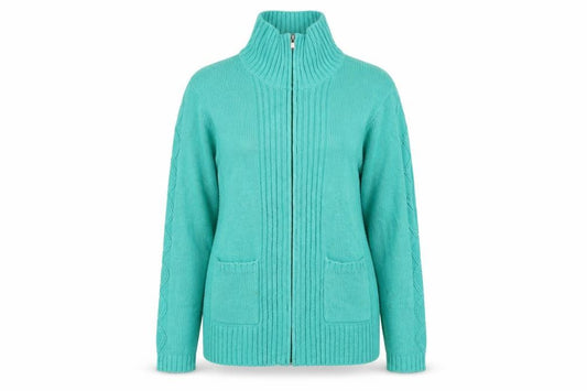 Front view of Preworn women’s green full zip jumper, size UK 14