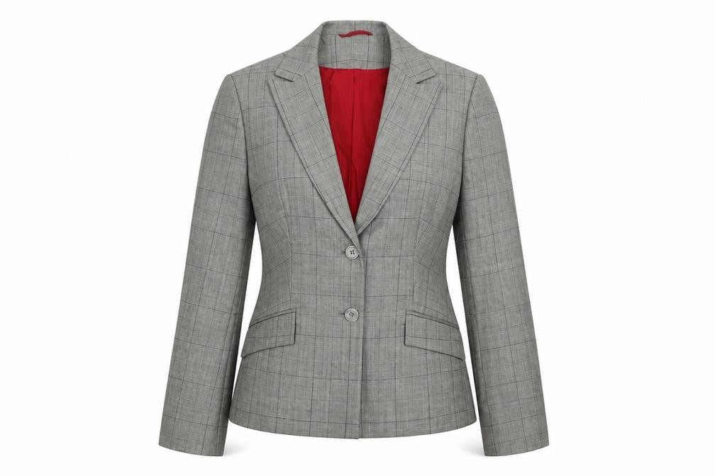 Front view of Preworn women’s grey check jacket suit jacket, size UK 10
