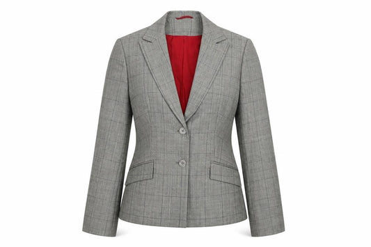 Front view of Preworn women’s grey check jacket suit jacket, size UK 10