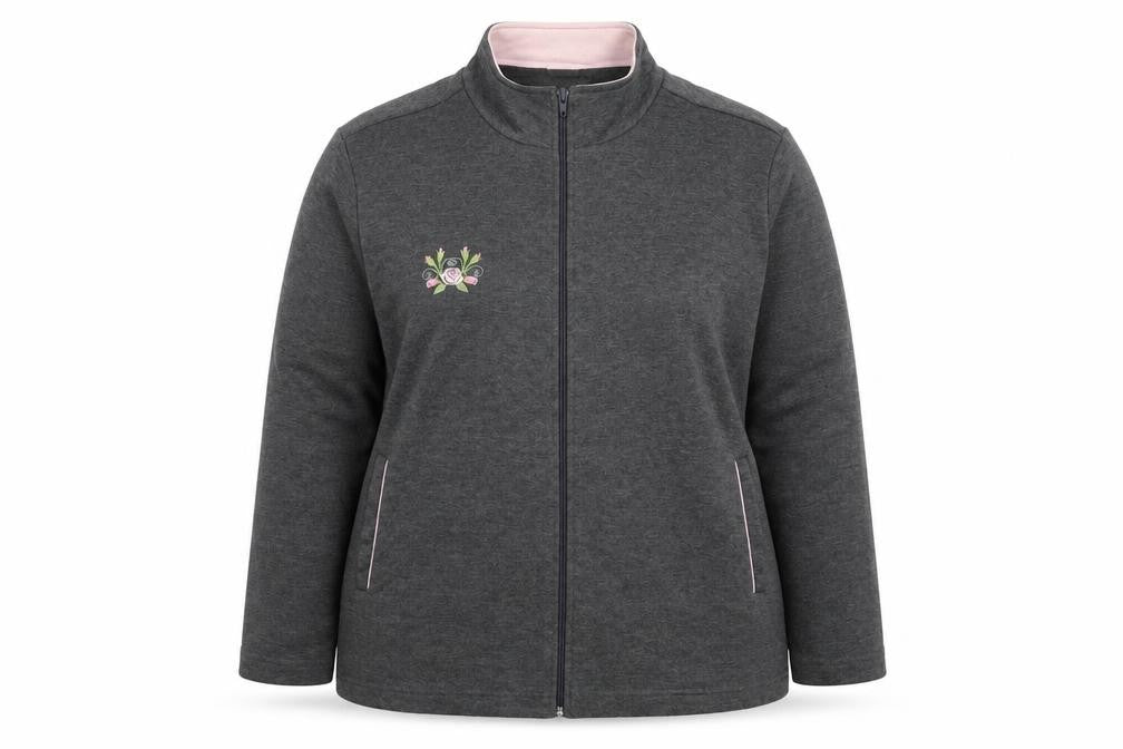 Front view of Damart women’s grey floral jacket, size UK 20