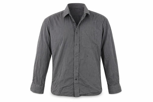 Front view of Unity World Wear men’s grey striped dress shirt, size 42