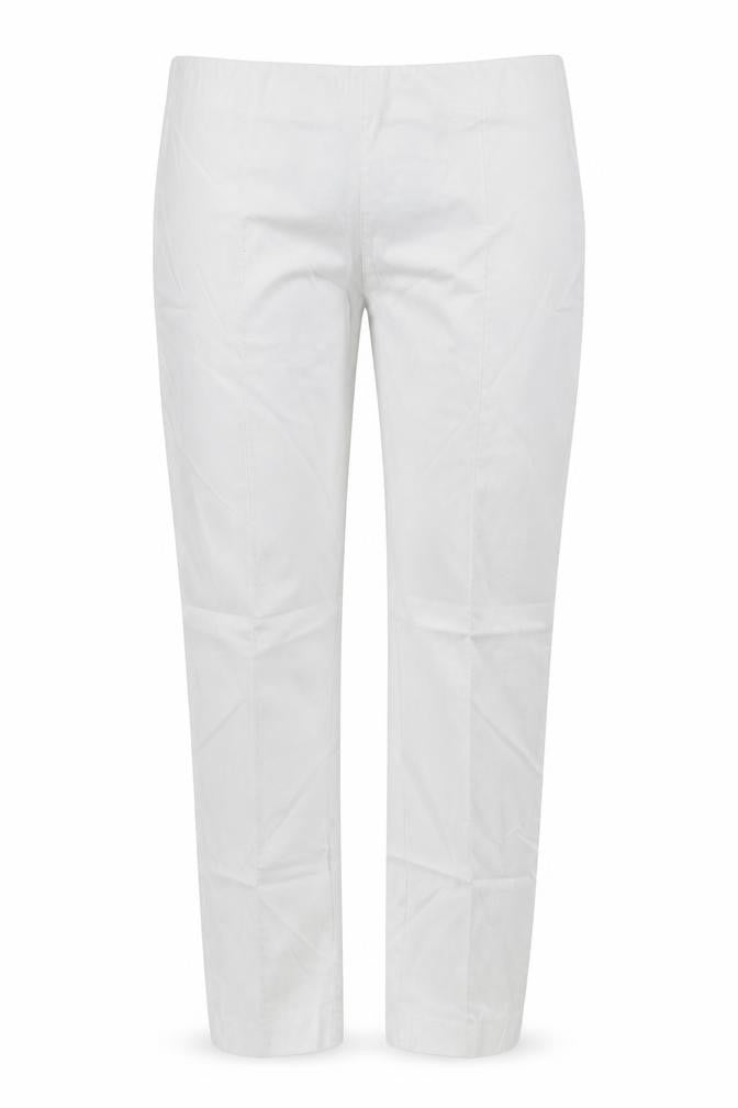 Front view of Preworn women’s white trousers, size UK 32, in, 24-inch leg