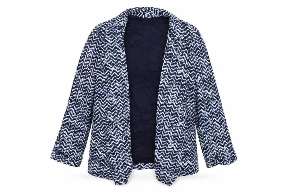 Front view of Preworn women’s blue geometric cardigan jumper, size M