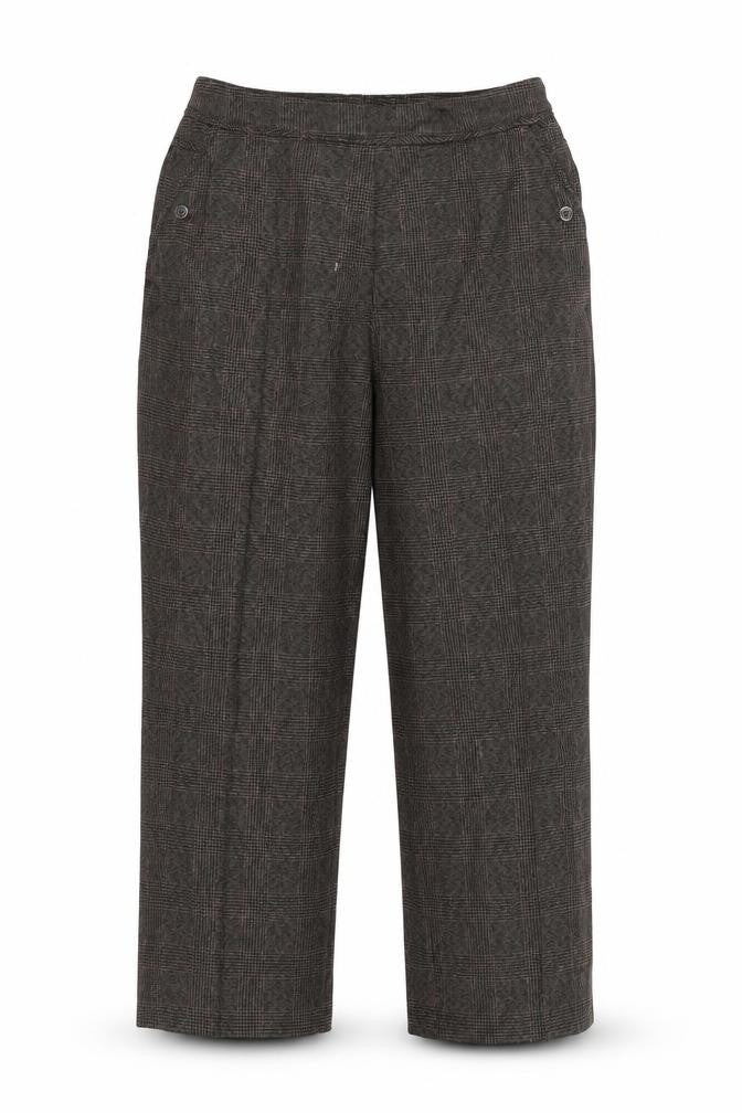 Front view of Marks & Spencer women’s brown check trousers, size UK 12, 22-inch leg
