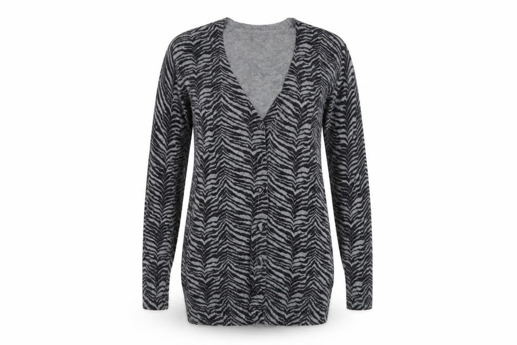 Front view of inItial women’s grey animal print cardigan jumper, size M