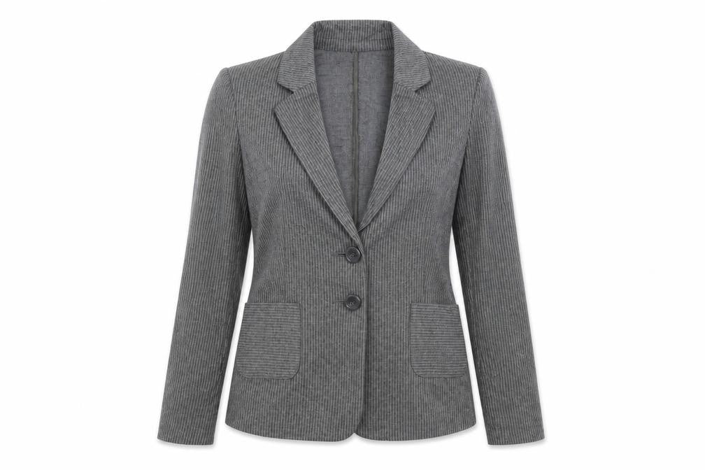 Front view of Tu women’s grey striped jacket coat, size UK 8